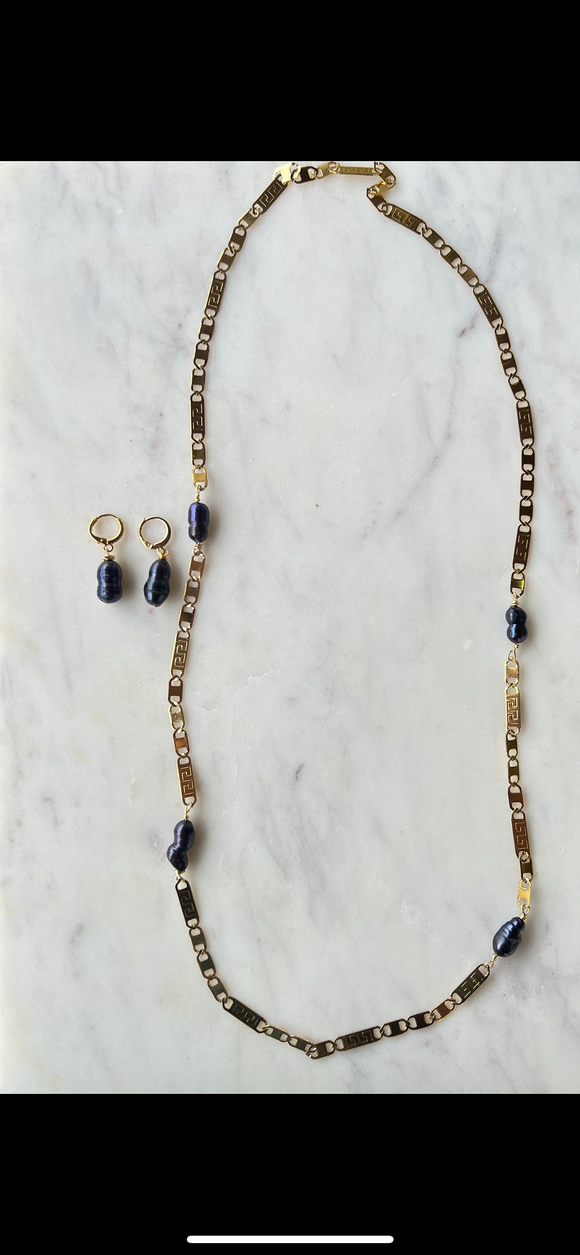 Gold and purple pearl necklace and earring set