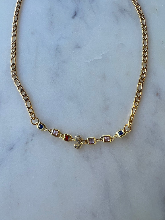 Gold link chain with initial and colorful square gems