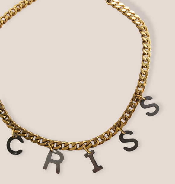 Necklace gold chain and letters in silver