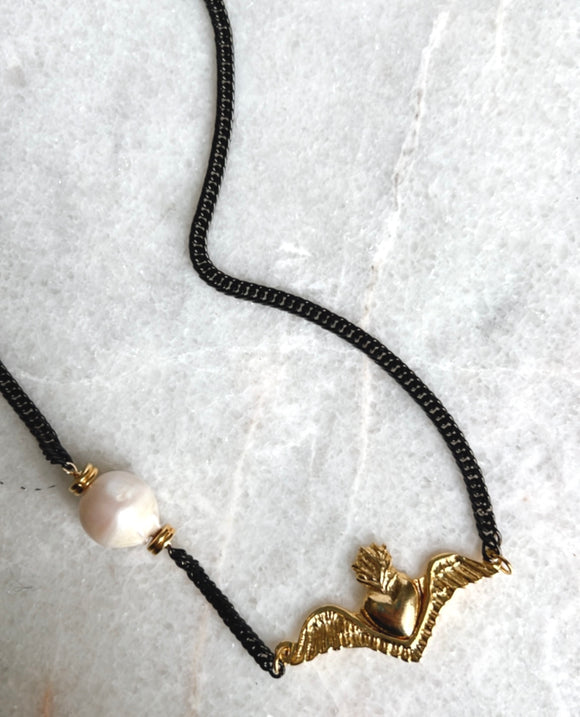 Pearl and Sacred Heart with wings Necklace